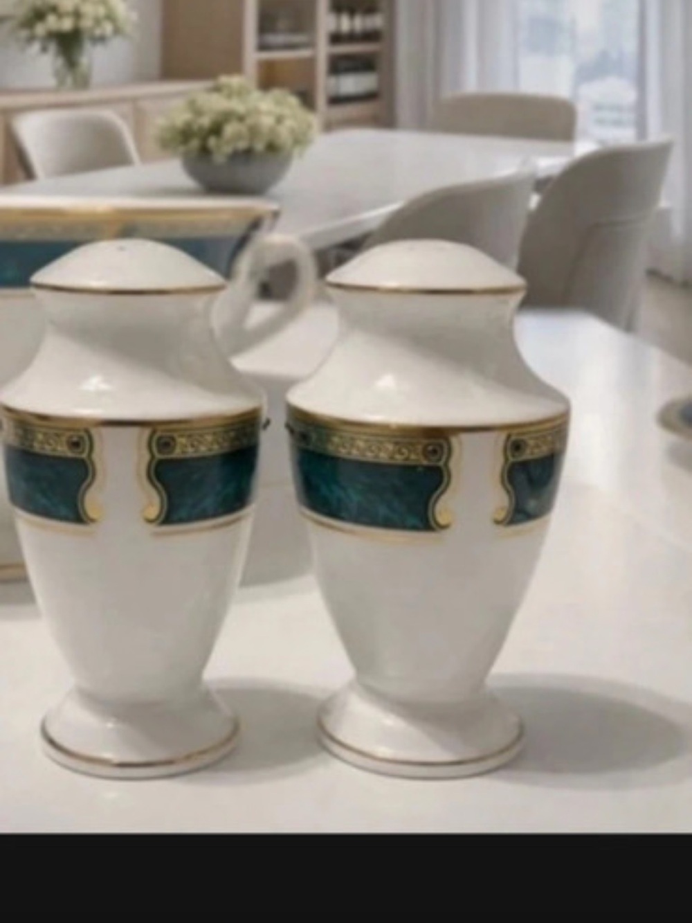 Lenox White Porcelain Lidded Urns with Teal and Gold Banding